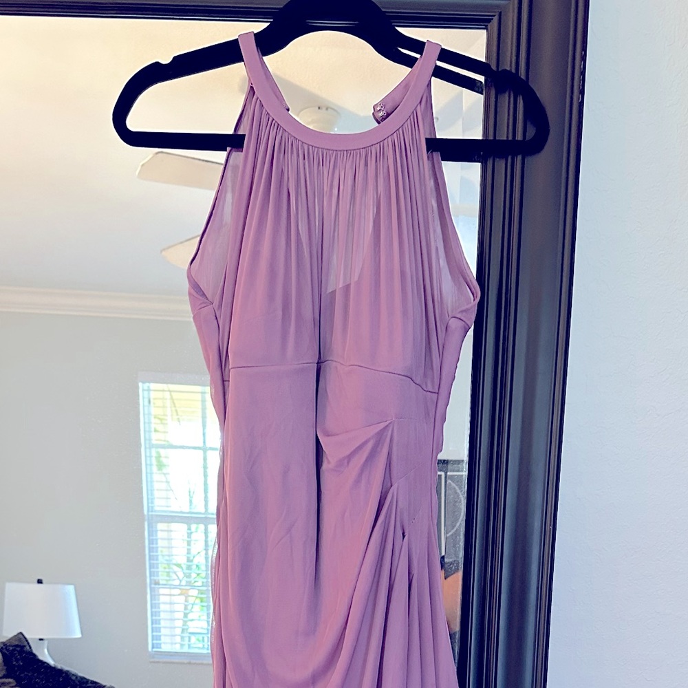 Size 8 Wysteria (purple) Sleeveless long mesh dress with illusion neckline